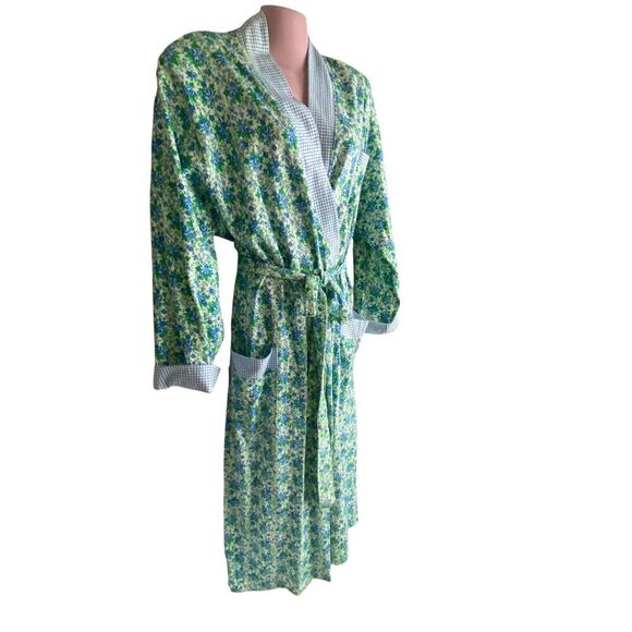 Vintage Victoria's Secret Robe Womens Medium Large Blue Floral Cotton Belted 90s - Picture 2 of 7